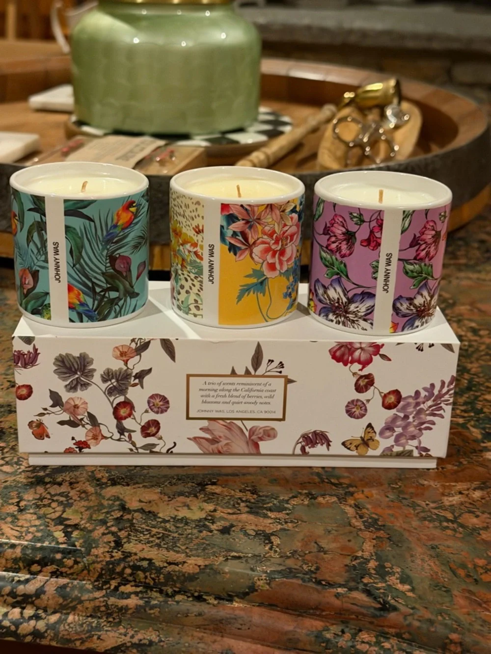 JOHNNY WAS HOME - 3 VOTIVE CANDLES Pacific Amber, Bohemian Bloom, Coastal Poppy
